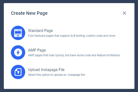 Instapage New Page Options
