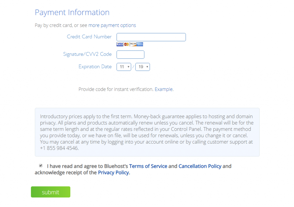 Bluehost Review Purchase Screen